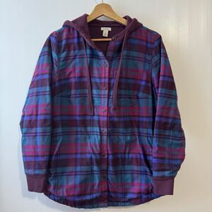 LL Bean Women’s Plaid Multicolor Hooded Lined Flannel Outdoors Jacket Sz XS